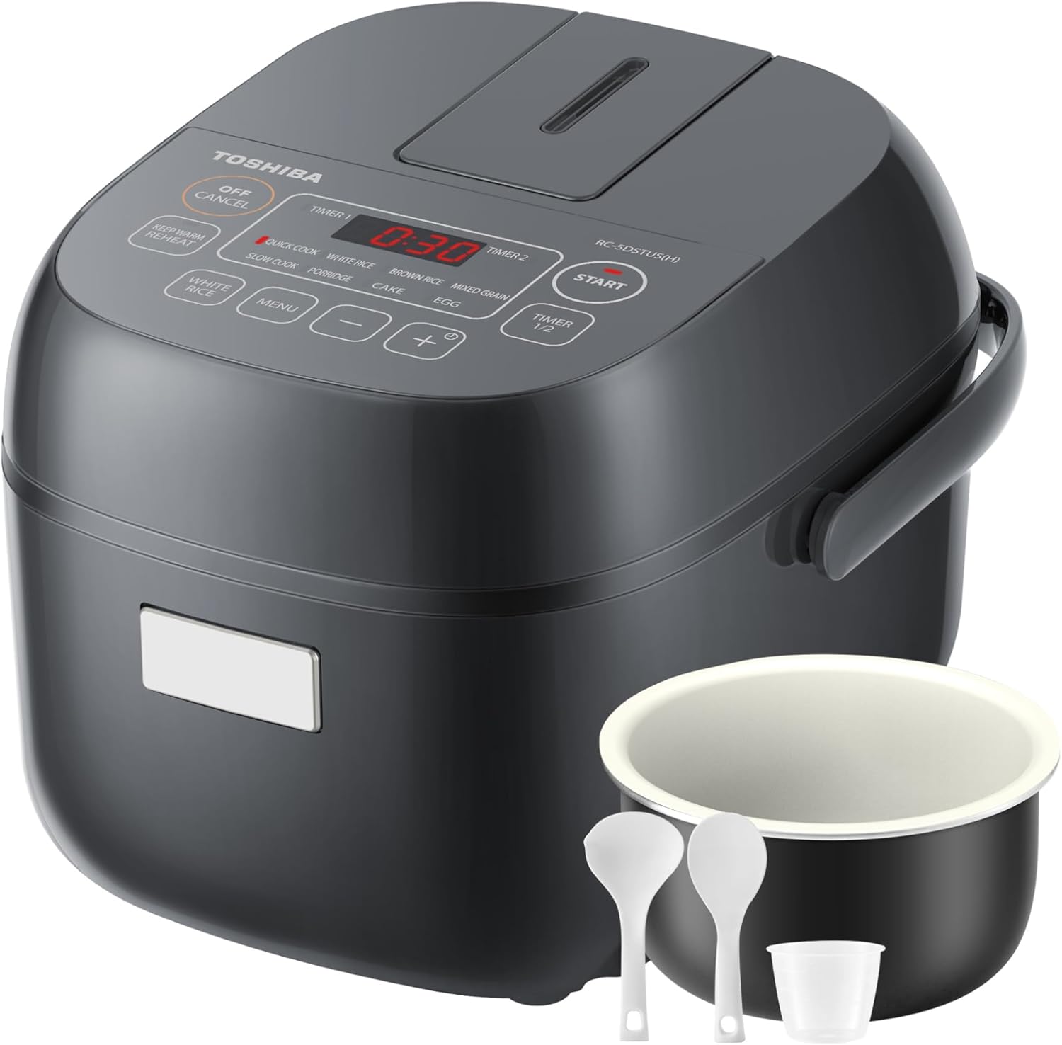 TOSHIBA Arrocera pequeña de 3 tazas sin cocinar, visualización LCD con 8 funciones de cocción: arroz, avena, frijoles mezclados y más, olla interior antiadherente, gris