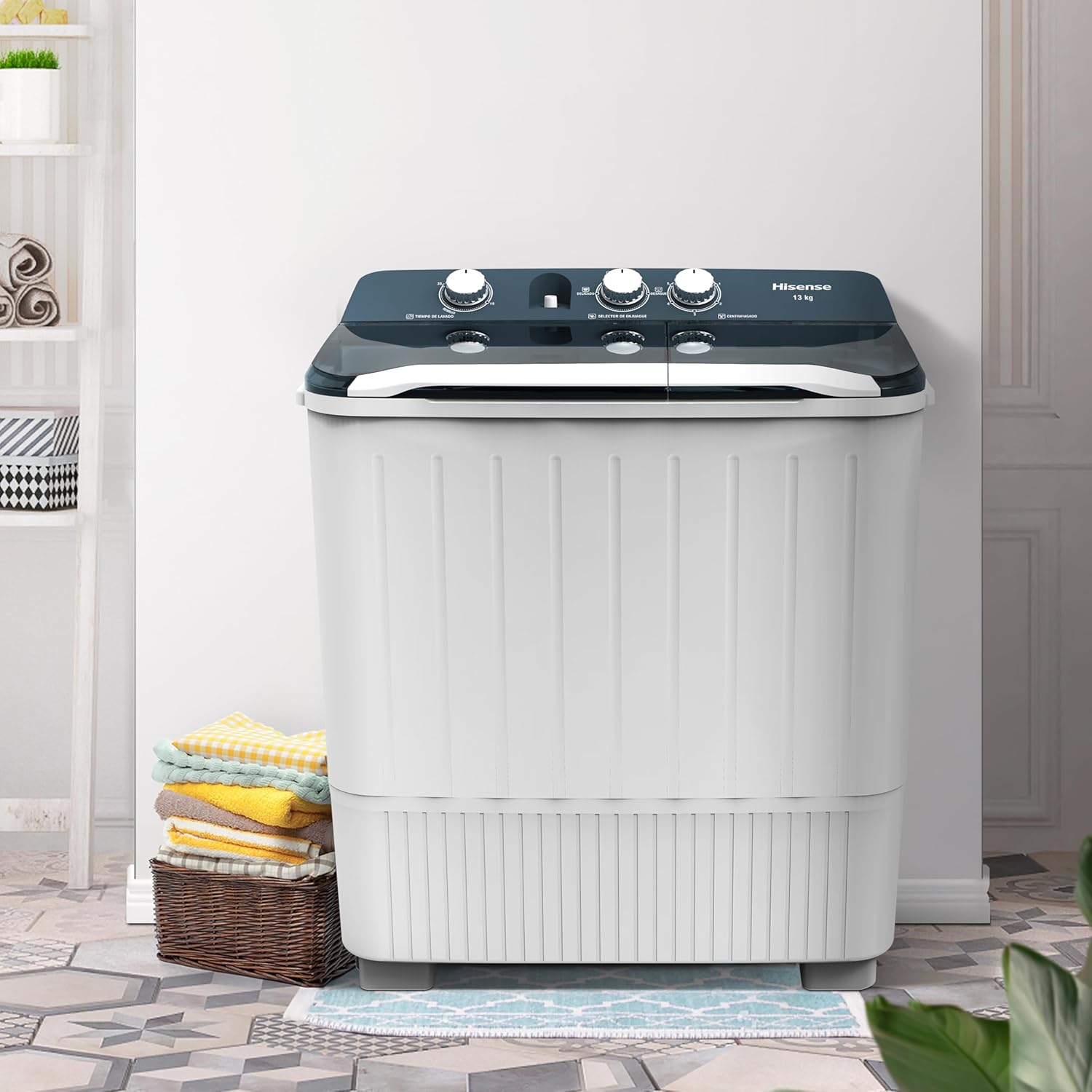 Hisense Lavadora doble tina WSA1604P, Semiautomática, 16 Kg, Temporizador de Lavado y Centrifugado, 88x52x99cm(AnchoxLargoxAlto), Blanco/Azul