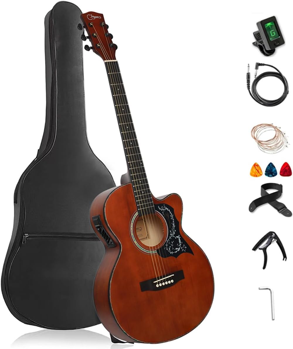 Kit de guitarra eléctrica acústica de 39 pulgadas con ecualizador de 4 bandas con estuche, juego de cuerdas, capo, paño de limpieza, afinador, púas, correa para el hombro y cable (Black)