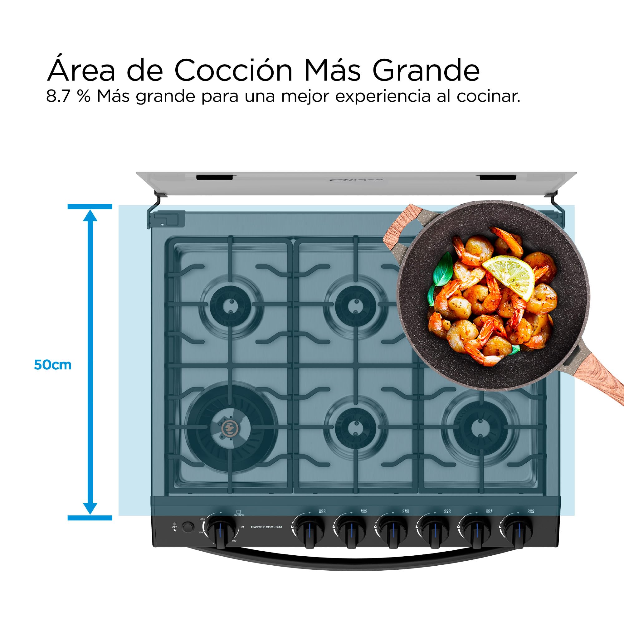 Midea Estufa de Piso de 30", con Capelo y Tecnología Masterflame, Diseño Práctico para Cocina y Uso Diario