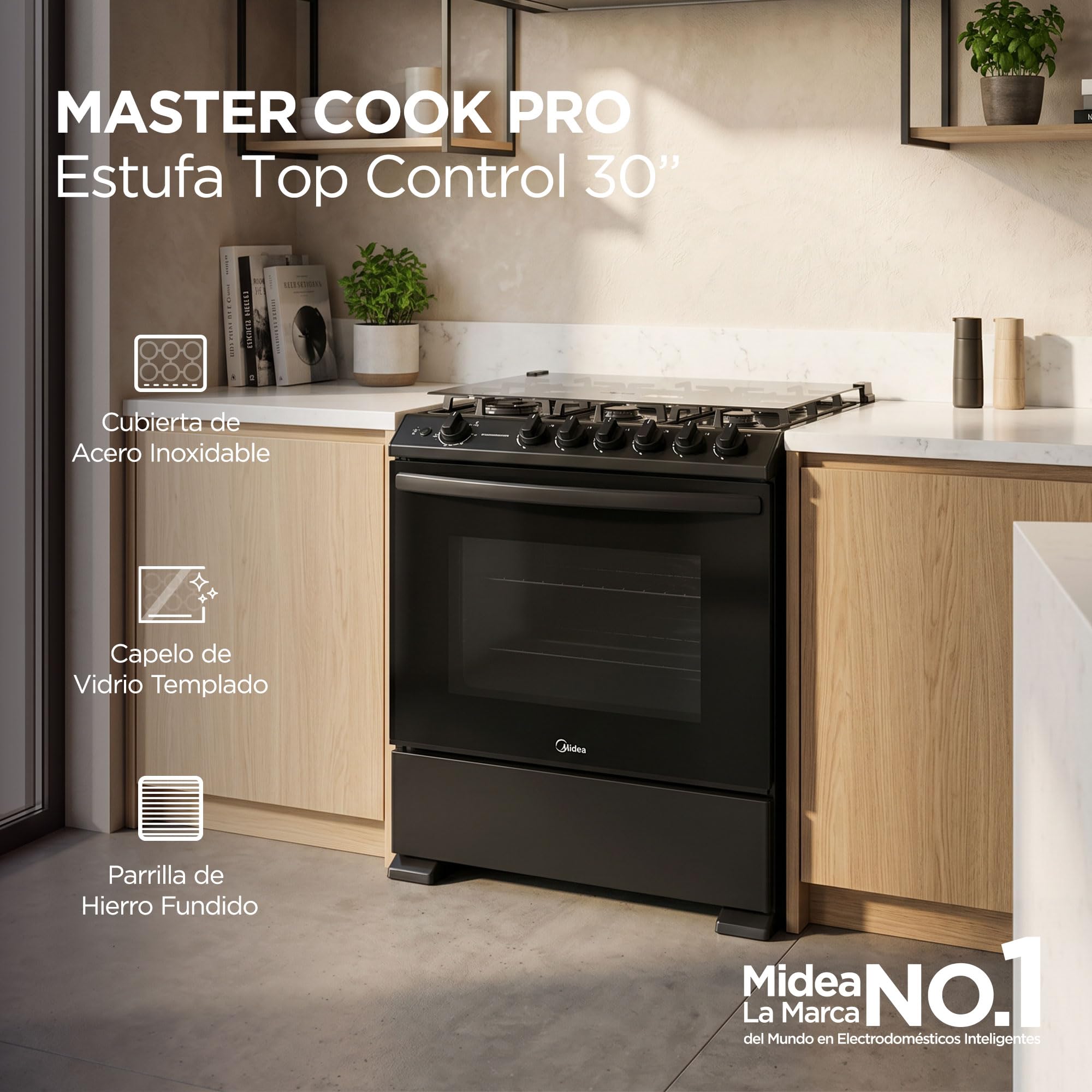 Midea Estufa de Piso de 30", con Capelo y Tecnología Masterflame, Diseño Práctico para Cocina y Uso Diario
