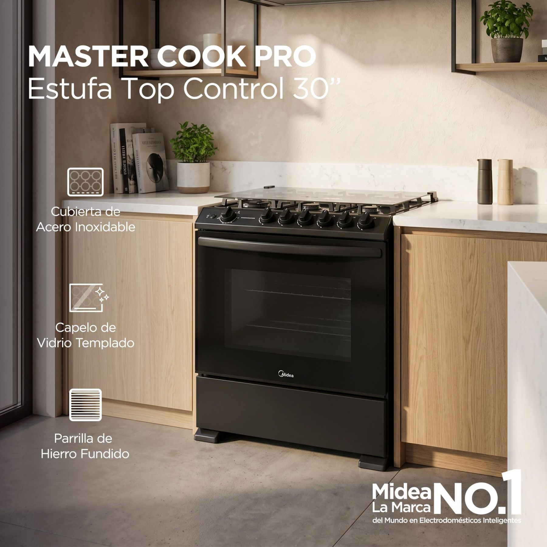 Midea Estufa de Piso de 30", con Capelo y Tecnología Masterflame, Diseño Práctico para Cocina y Uso Diario