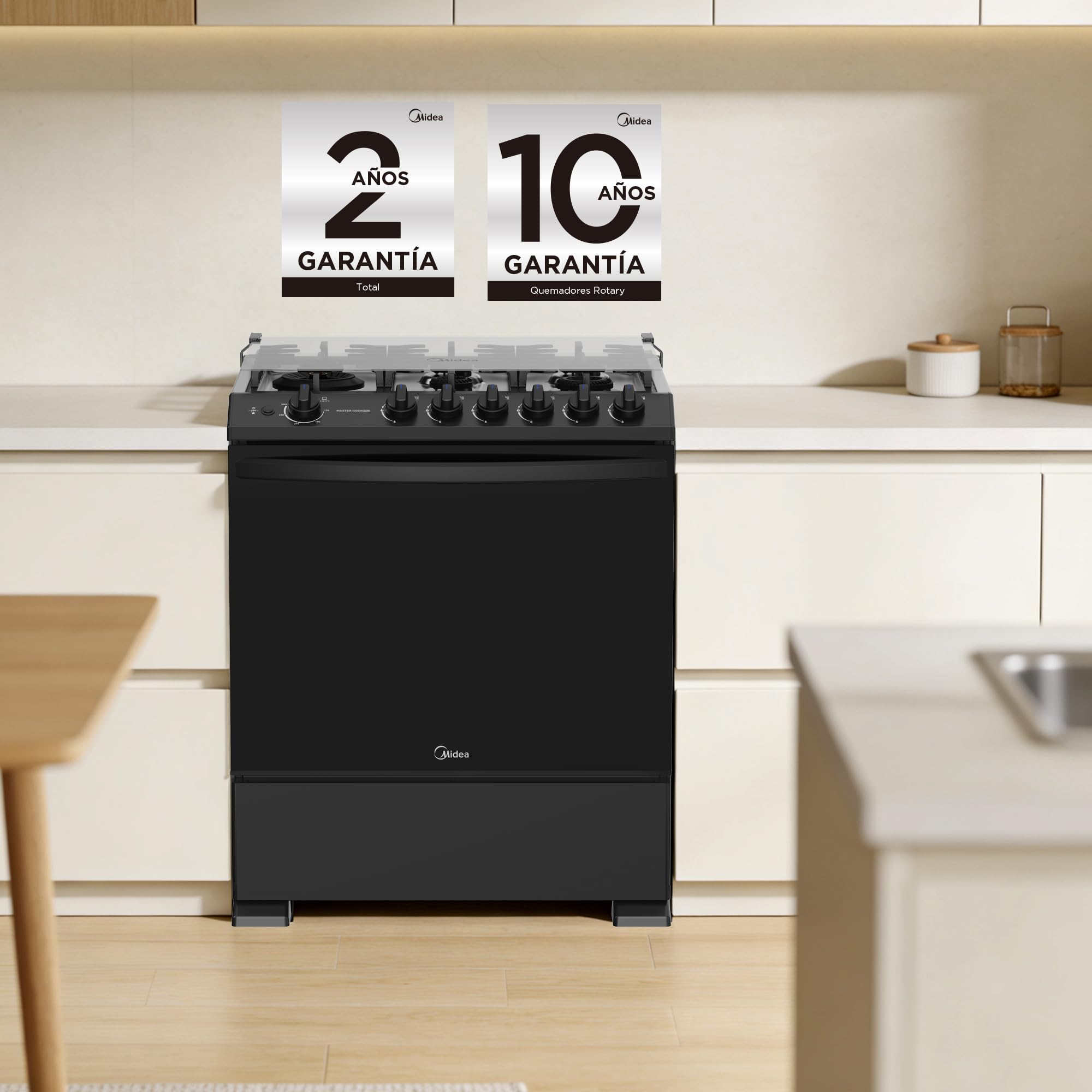 Midea Estufa de Piso de 30", con Capelo y Tecnología Masterflame, Diseño Práctico para Cocina y Uso Diario