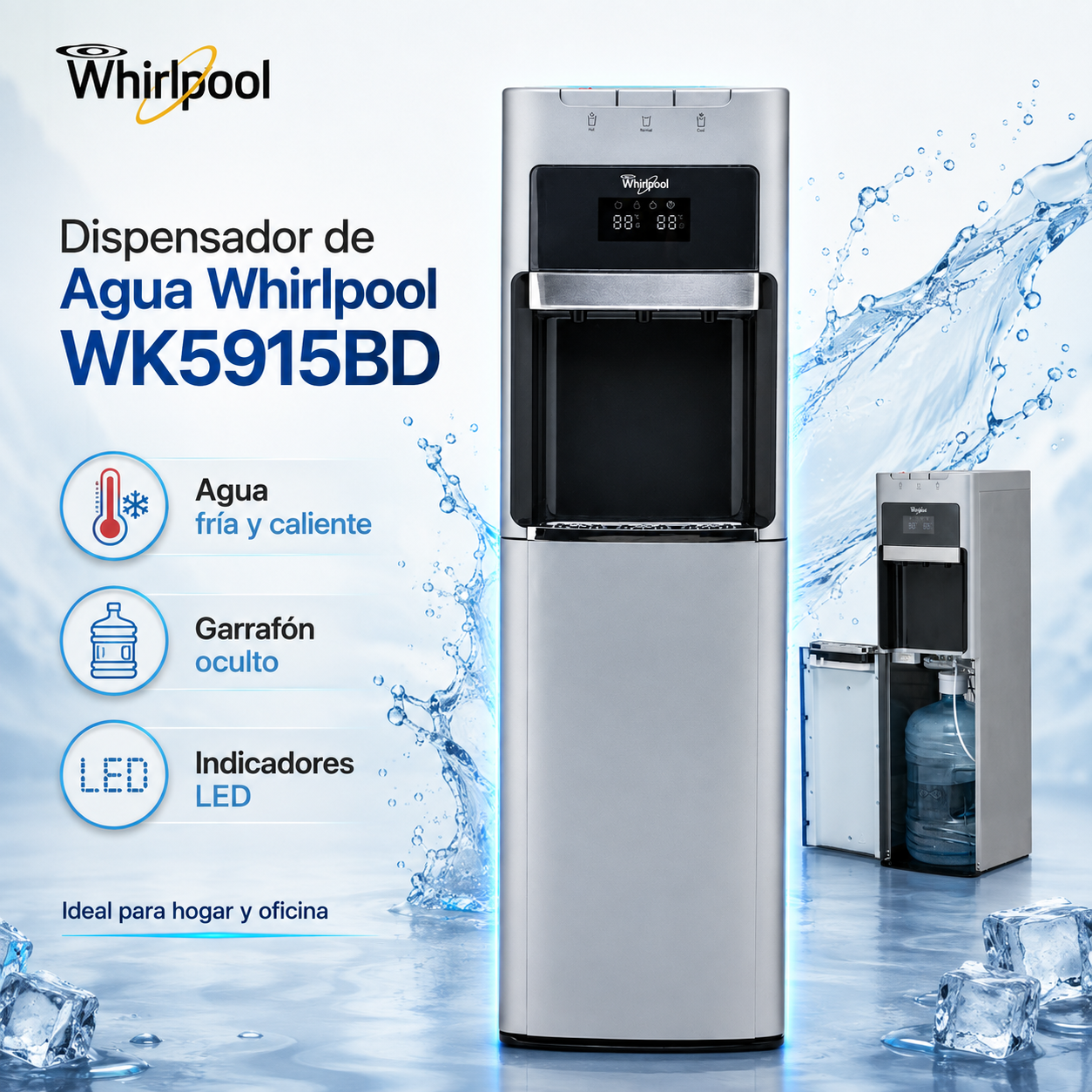 Whirlpool WK5915BD Dispensador de Agua con Garrafón Oculto, Agua Fría y Caliente, Indicador LED, Diseño Moderno