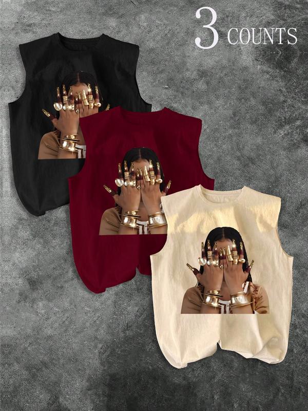Men's Three-Piece Trendy Casual Sleeveless Vest Set, Face-Wiping Woman Print, Perfect for Summer, Vacation, Friend Gatherings