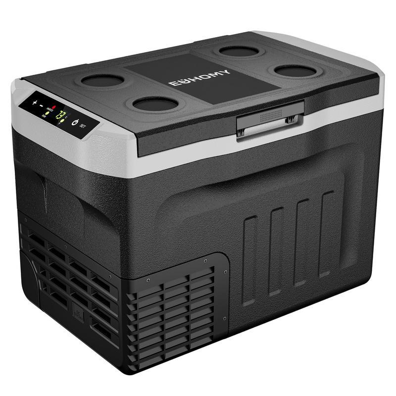 EUHOMY 12V Refrigerator (24/37/53Quart /23L/35L/50L) supports 12V/24V DC & 110-240V AC. Portable with -4°F~68°F range, it features wheels, 2 baskets, and large cooling zone. Ideal for RVs, travel, Truck, Boat