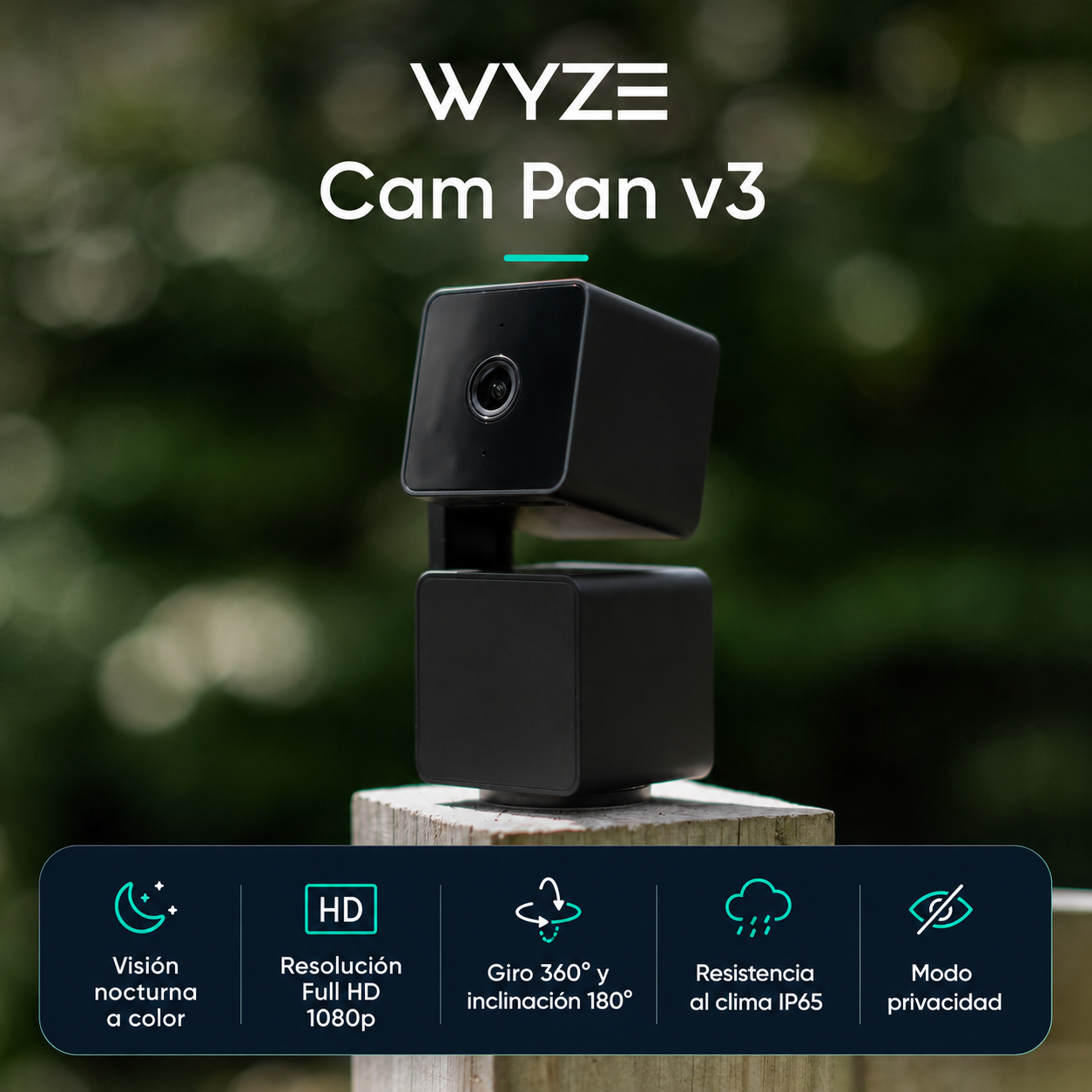 Wyze Cam Pan v3 Cámara de Seguridad para Interior y Exterior | 1080p Full HD | Visión Nocturna a Color | Resistencia IP65