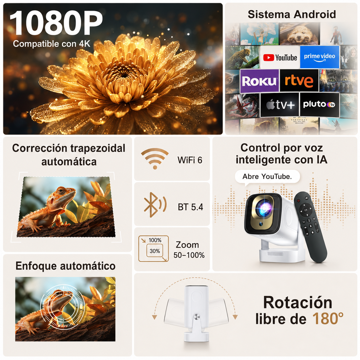 [Enfoque automático] Mini proyector nativo 1080P con WiFi y Bluetooth 5.4, proyector inteligente 4K, aplicaciones integradas, piedra clave automática, proyector portátil para películas al aire última