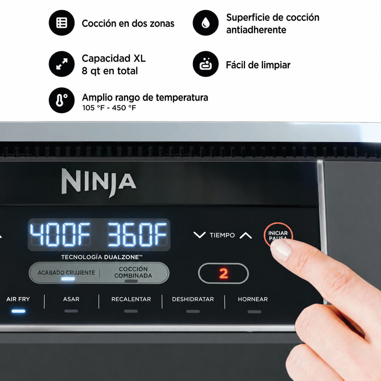 NINJA Foodi DZ201 Freidora de Aire 8 QT, 6 en 1, DualZone, con 2 Cestas Independientes | Match Cook, Smart Finish, Freír al Aire, Asar, Hornear, Recalentar y Deshidratar