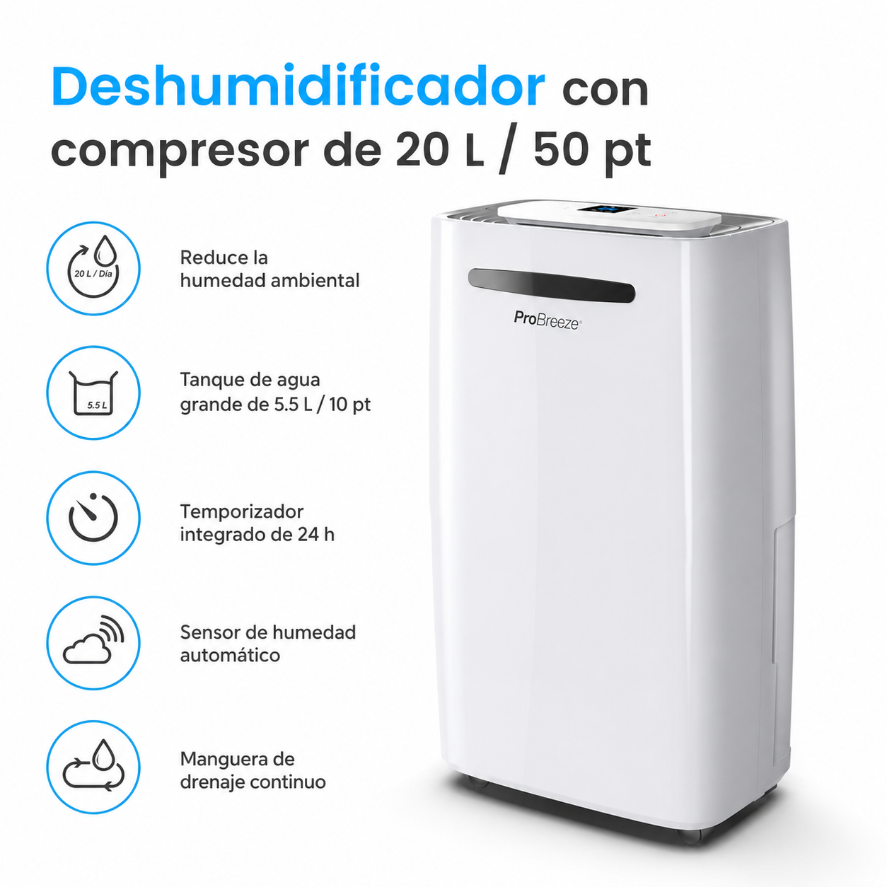 Pro Breeze Deshumidificador 50 Pintas (20 L), Compresor, Depósito Extraíble, Desagüe Continuo, Pantalla Digital, 4 Modos y Temporizador 24 h, para Habitaciones Grandes y Sótanos