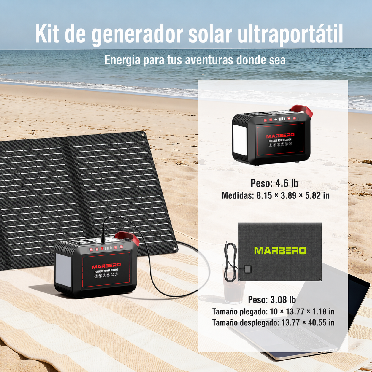 Estación de Energía Portátil MARBERO M823 con Panel Solar, 237 Wh / 64,000 mAh, 300 W y Onda Sinusoidal Pura