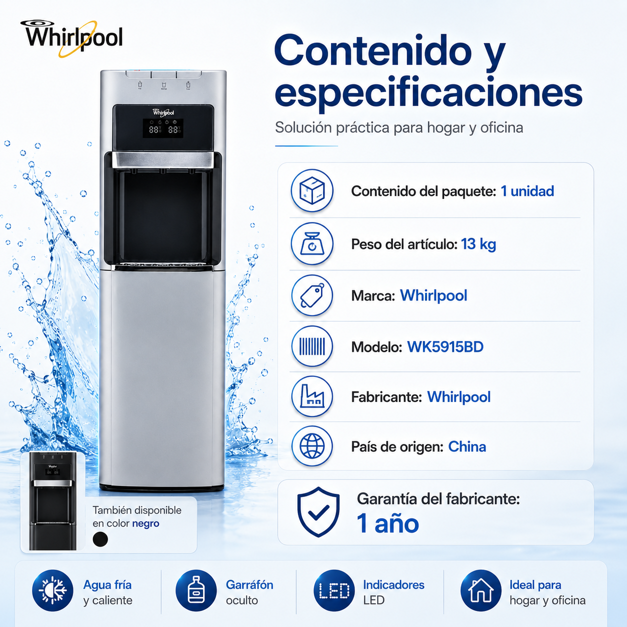Whirlpool WK5915BD Dispensador de Agua con Garrafón Oculto, Agua Fría y Caliente, Indicador LED, Diseño Moderno