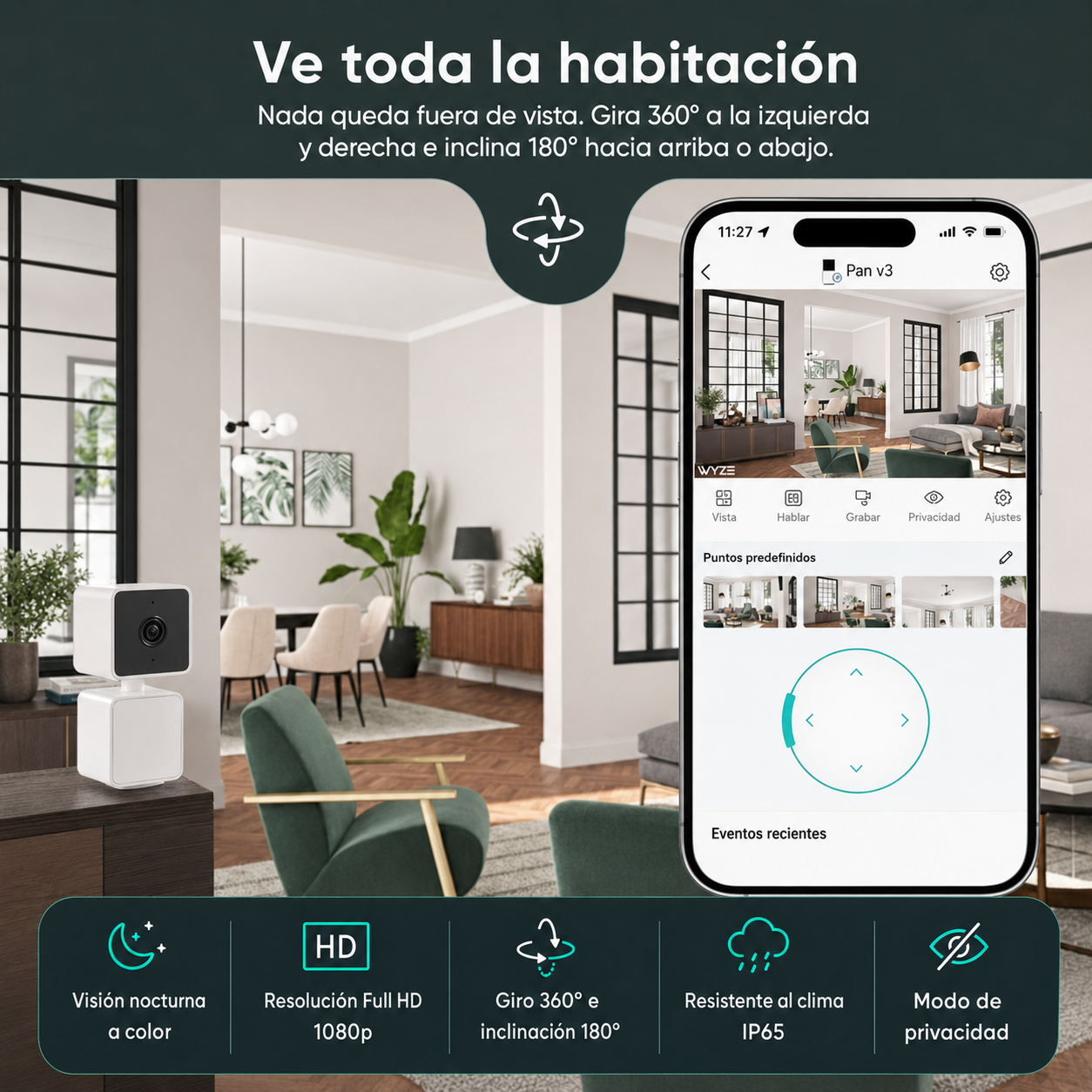 Wyze Cam Pan v3 Cámara de Seguridad para Interior y Exterior | 1080p Full HD | Visión Nocturna a Color | Resistencia IP65