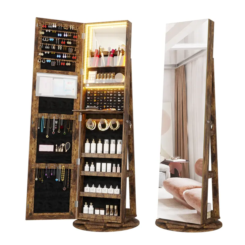 ✨ Espejo de Cuerpo Entero con Armario Joyero Giratorio 360° | Luz LED de 3 Colores | Organizador con Cerradura | Almacenamiento Multifuncional para Dormitorio 💎