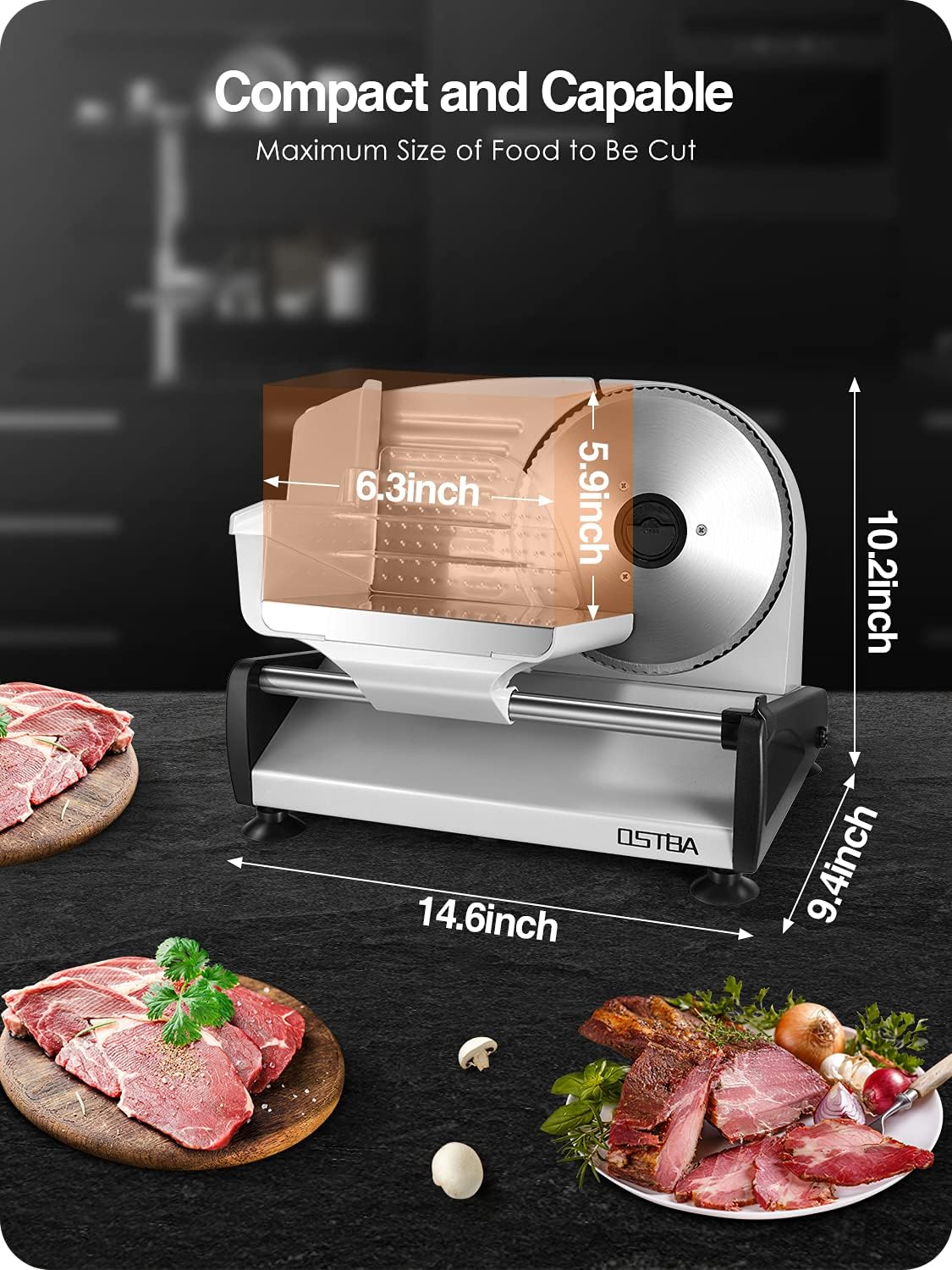 OSTBA Rebanadora Eléctrica de Alimentos y Carne, Cuchilla Extraíble de Acero Inoxidable de 7.5", Protección de Bloqueo Infantil y Carro para Alimentos