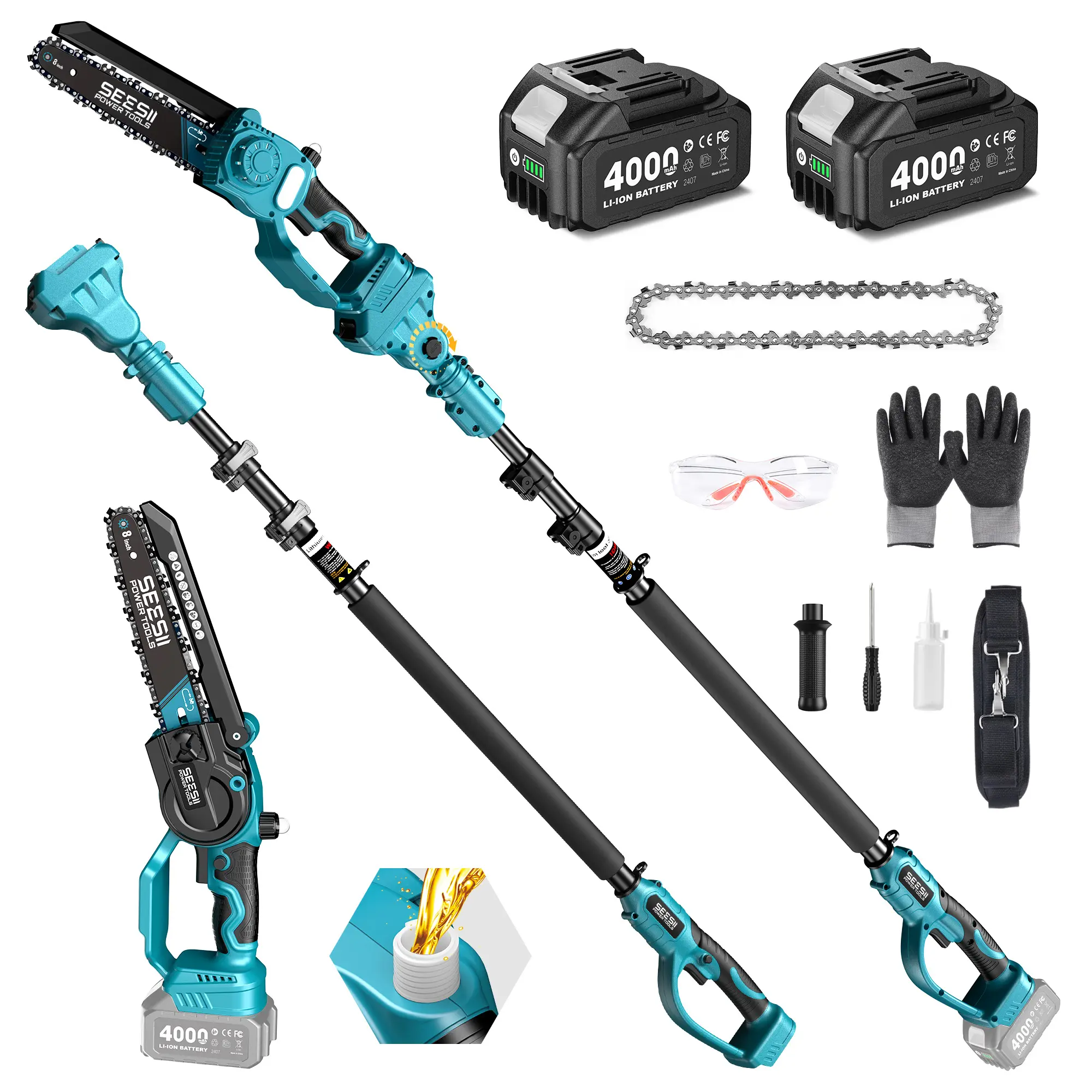 SEESII Motosierra 2 en 1 con Pértiga, Incluye 2 Baterías, Alcance de hasta 16 FT para Corte y Poda de Árboles, P8 Ace/P6 Ace CH800