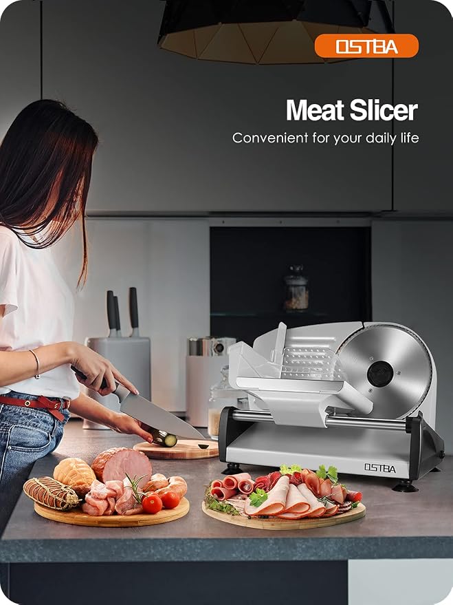 OSTBA Rebanadora Eléctrica de Alimentos y Carne, Cuchilla Extraíble de Acero Inoxidable de 7.5", Protección de Bloqueo Infantil y Carro para Alimentos