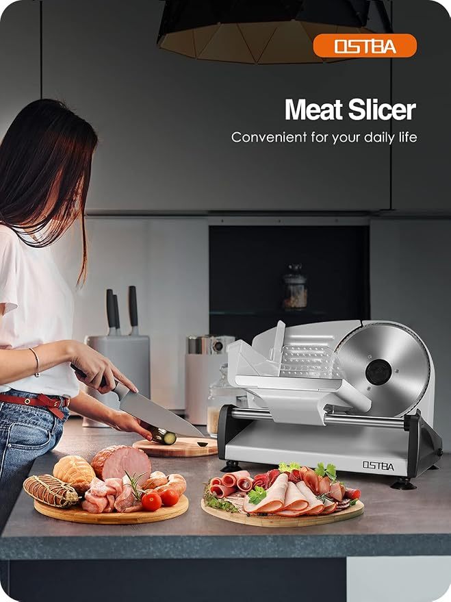 OSTBA Rebanadora Eléctrica de Alimentos y Carne, Cuchilla Extraíble de Acero Inoxidable de 7.5", Protección de Bloqueo Infantil y Carro para Alimentos
