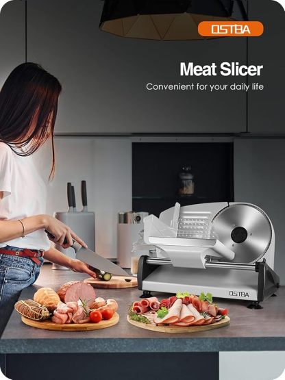 OSTBA Rebanadora Eléctrica de Alimentos y Carne, Cuchilla Extraíble de Acero Inoxidable de 7.5", Protección de Bloqueo Infantil y Carro para Alimentos