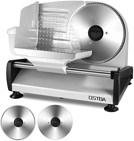 OSTBA Rebanadora Eléctrica de Alimentos y Carne, Cuchilla Extraíble de Acero Inoxidable de 7.5", Protección de Bloqueo Infantil y Carro para Alimentos