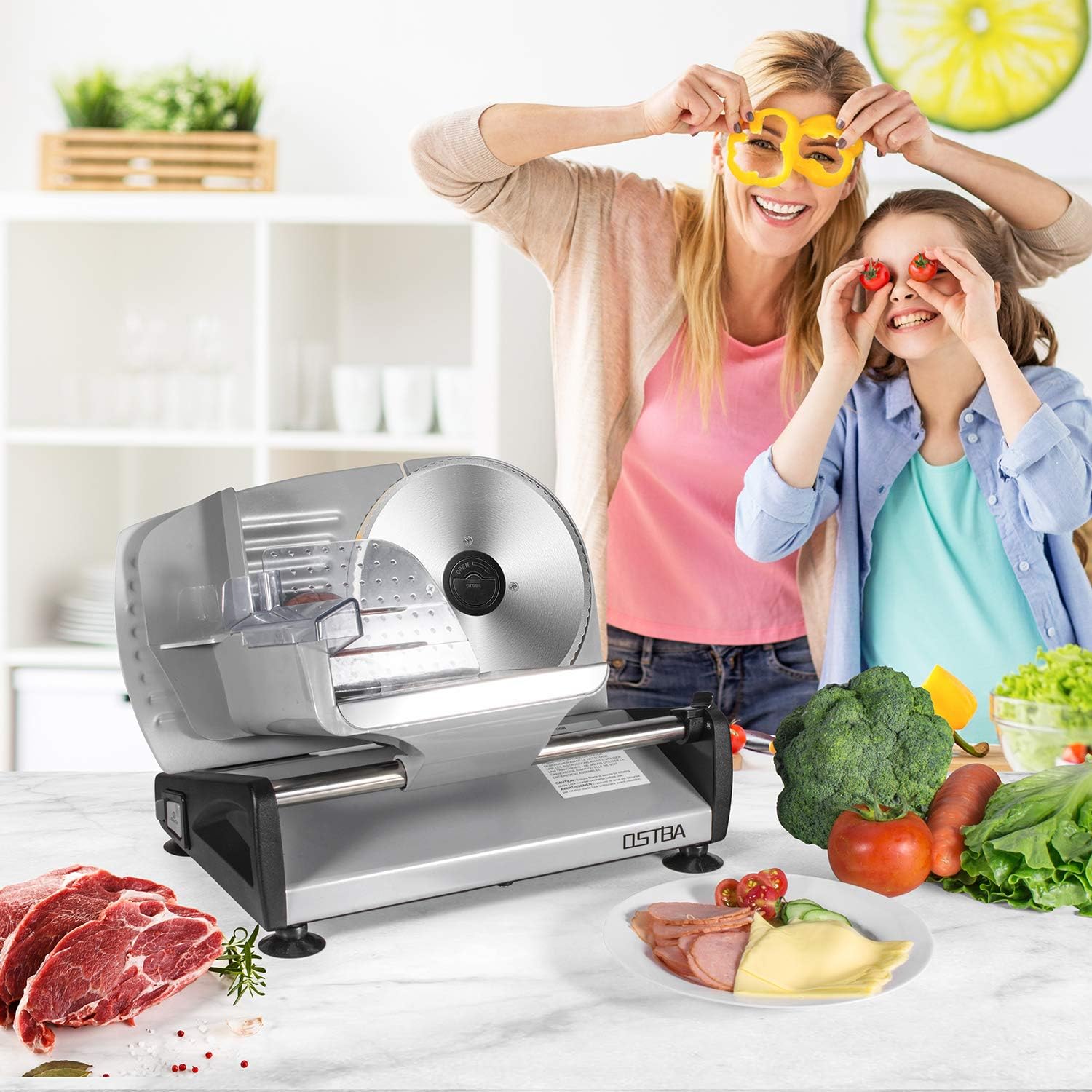 OSTBA Rebanadora Eléctrica de Alimentos y Carne, Cuchilla Extraíble de Acero Inoxidable de 7.5", Protección de Bloqueo Infantil y Carro para Alimentos