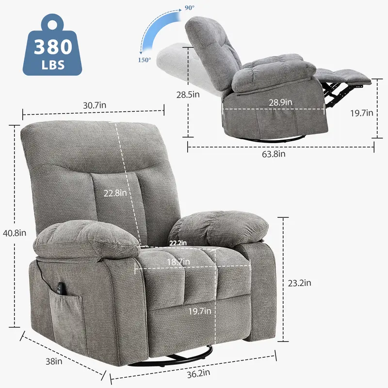 Sillón Reclinable Giratorio con Masaje y Calefacción, Respaldo Ajustable y Tapizado de Chenille