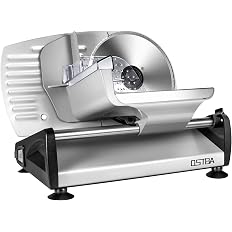 OSTBA Rebanadora Eléctrica de Alimentos y Carne, Cuchilla Extraíble de Acero Inoxidable de 7.5", Protección de Bloqueo Infantil y Carro para Alimentos