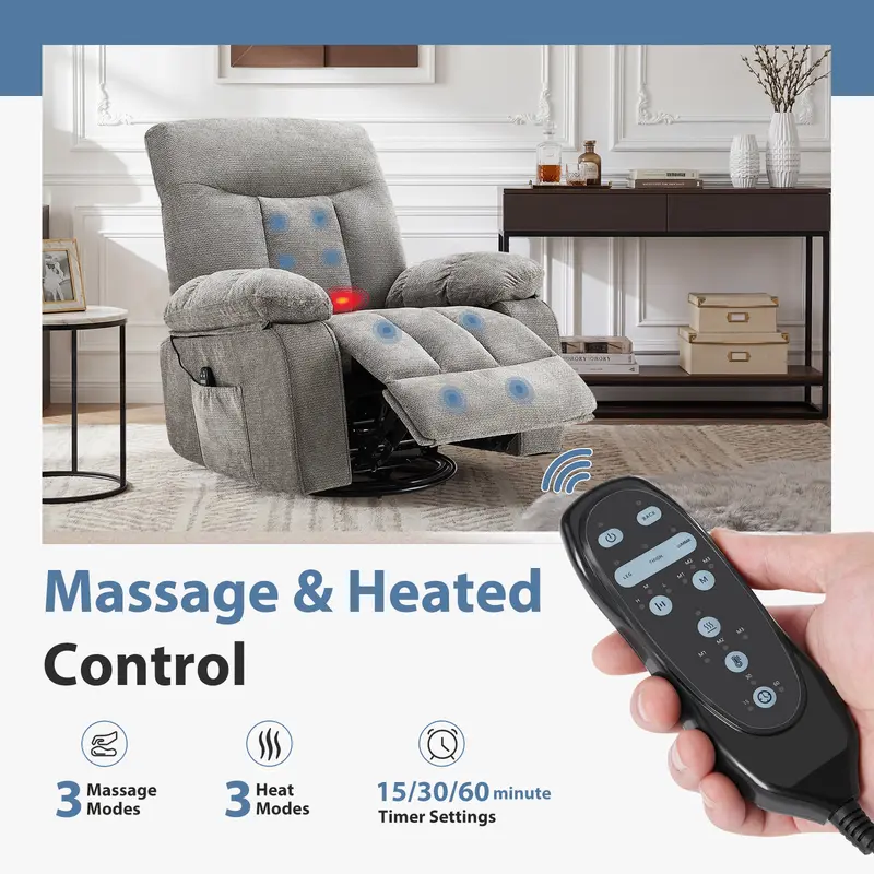 Sillón Reclinable Giratorio con Masaje y Calefacción, Respaldo Ajustable y Tapizado de Chenille
