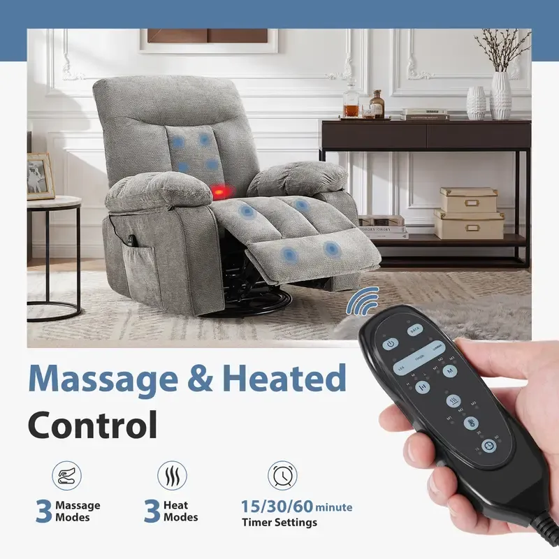 Sillón Reclinable Giratorio con Masaje y Calefacción, Respaldo Ajustable y Tapizado de Chenille