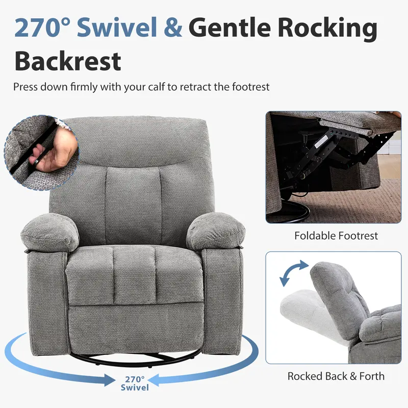 Sillón Reclinable Giratorio con Masaje y Calefacción, Respaldo Ajustable y Tapizado de Chenille