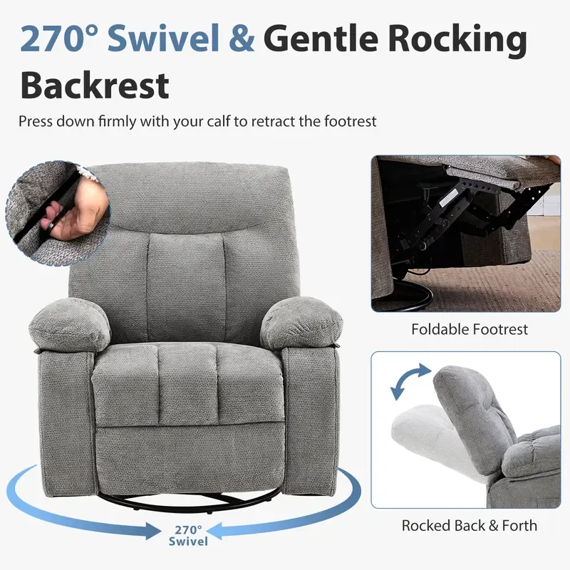 Sillón Reclinable Giratorio con Masaje y Calefacción, Respaldo Ajustable y Tapizado de Chenille