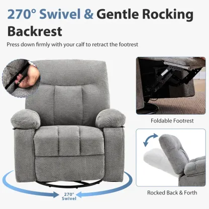 Sillón Reclinable Giratorio con Masaje y Calefacción, Respaldo Ajustable y Tapizado de Chenille