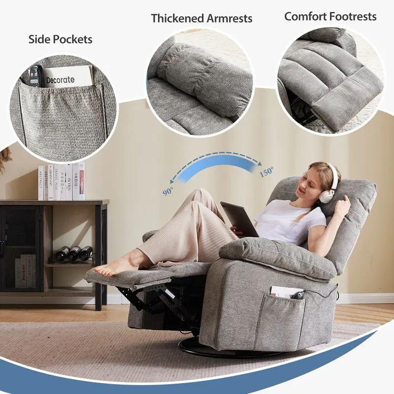 Sillón Reclinable Giratorio con Masaje y Calefacción, Respaldo Ajustable y Tapizado de Chenille