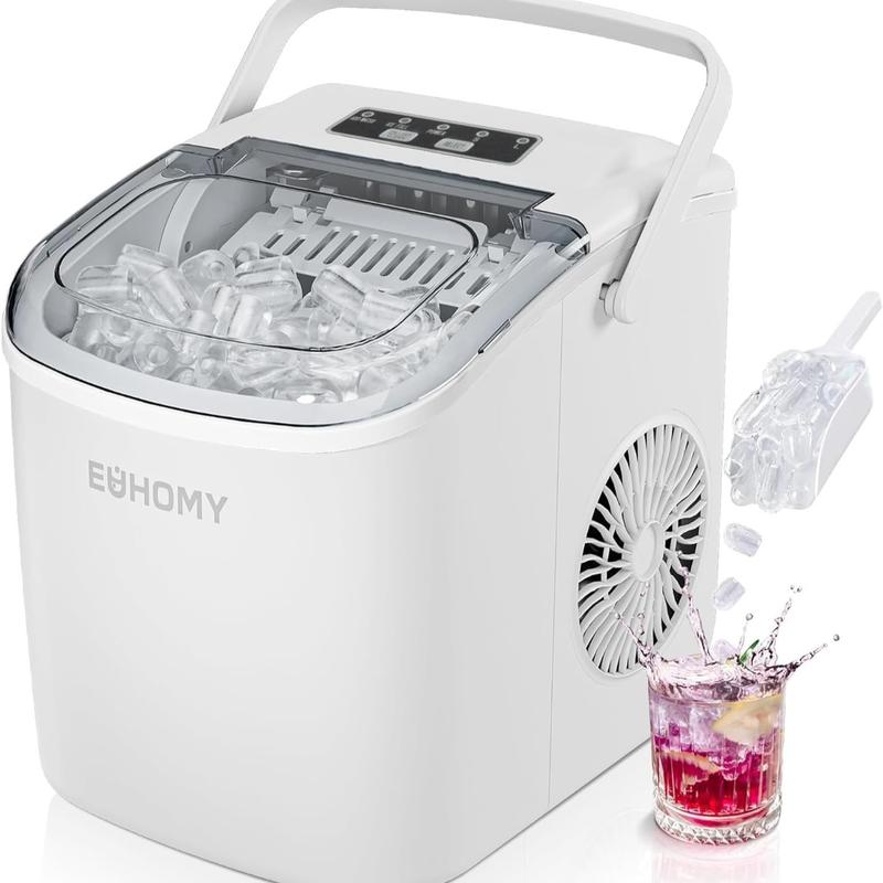 EUHOMY, Máquina de Hielo de Encimera con Mango. Produce 11,79 kg de Hielo en 24 Horas y Tiene 9 Cubos de Hielo Listos en 6 Minutos. Posee Función de Autolimpieza y es Portátil, Viene con Canasta y Cucharón, Ideal para Hogar, Cocina, Camping o RV.