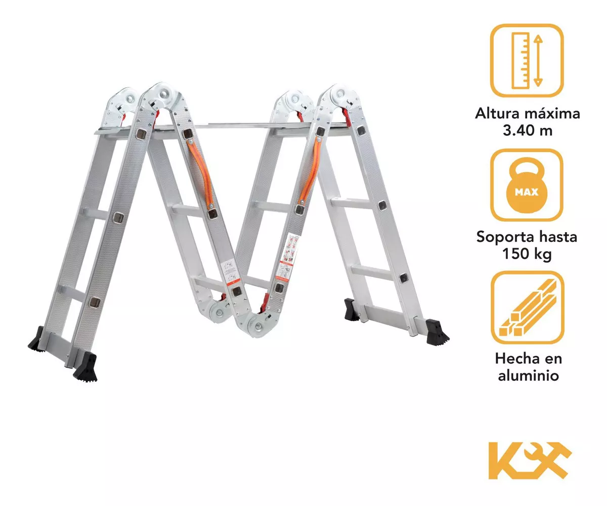 Escalera De Aluminio Multiposiciones Plegable KMEM35 Kingsman De 3.5 Metros Con 12 Peldaños Y Charolas Tipo Tijera Andamio Para 150 kg