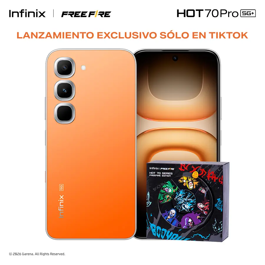 Infinix HOT 70 Pro 5G Edición Free Fire TikTok Exclusiva | 8GB+256GB | Incluye Caja de Regalo | MediaTek Dimensity 7100, AMOLED, 45W, NFC | Negro
