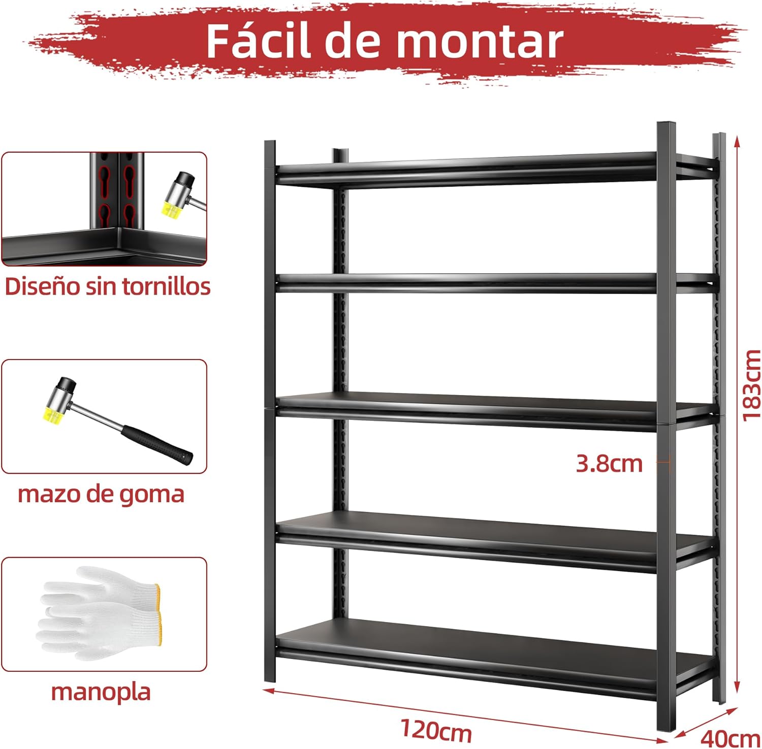 NETEL Anaquel Metalico 5 Niveles, Estantería de Garaje, Estanteria Metalica, Estante de Acero para Cargar Pesadas, Estantería Multifuncional Desmontable, 90 W x 40 D x 183 H cm, Negro