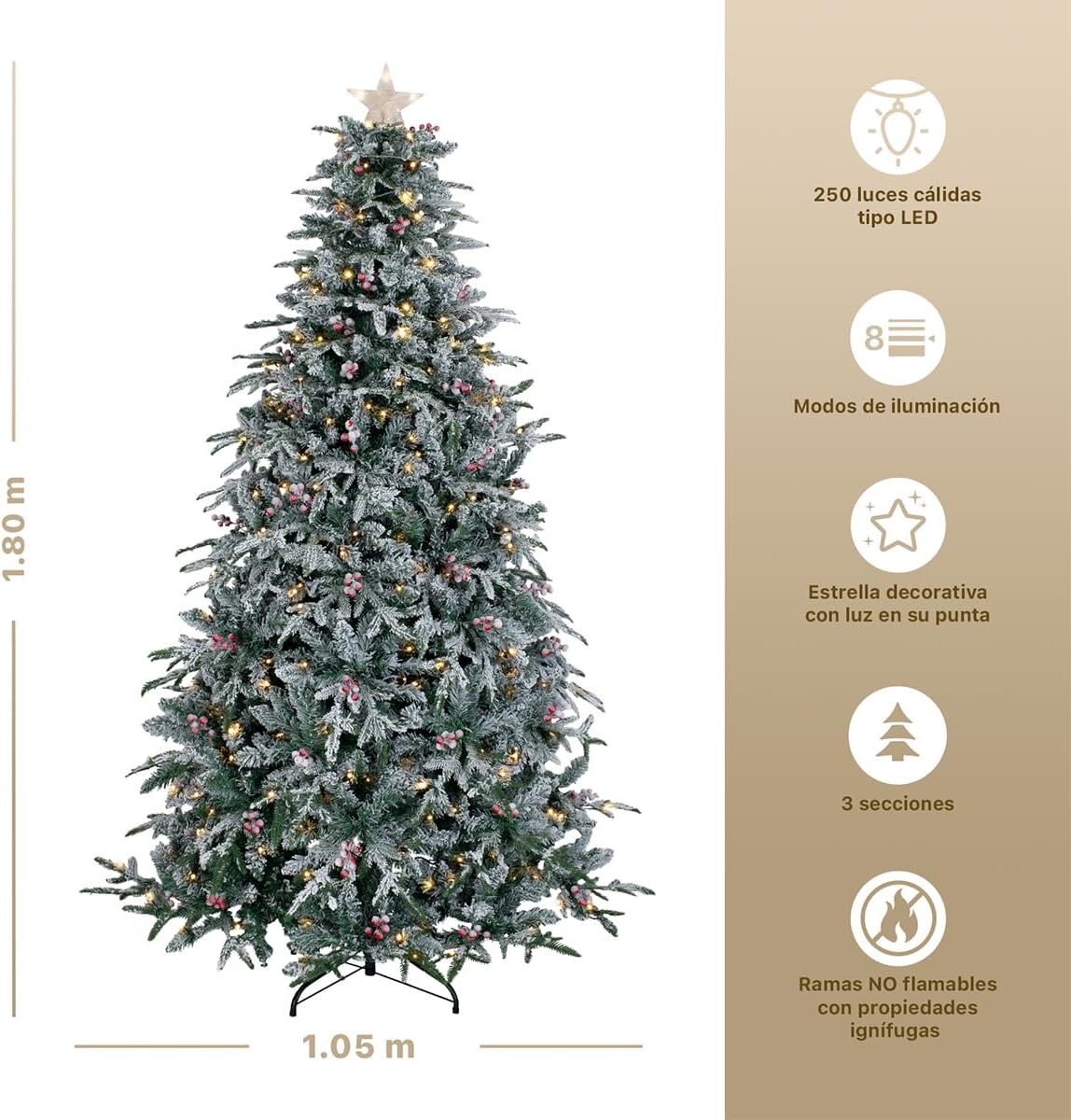 ESQUIMAL Árbol de Navidad Nevado con Luces LED 8 Modos de Iluminación + Estrella + Bayas (Verde Nevado, 1.8 m)