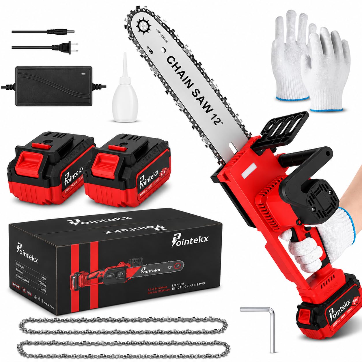 POINTEKX Motosierra Inalámbrica de Mano 12 Pulgadas, Motor Sin Escobillas, Mini Motosierra Recargable con 2 Baterías de 3.0Ah, Portatil Sierra Electrica Podar Arboles (12 Pulgadas)