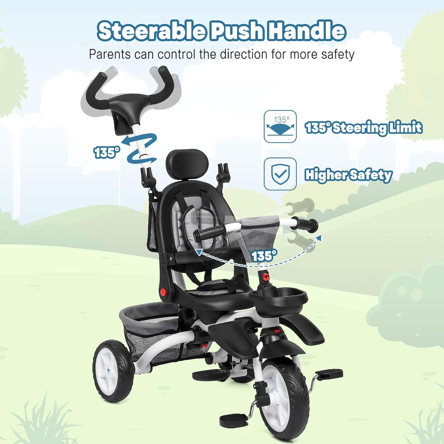Babevy - Triciclo para bebé, 7 en 1, Plegable con Mango de Empuje Ajustable extraíble, toldo, Asiento Giratorio, arnés de Seguridad, portavasos y Almacenamiento, Triciclo para niños de 1 a 5 años