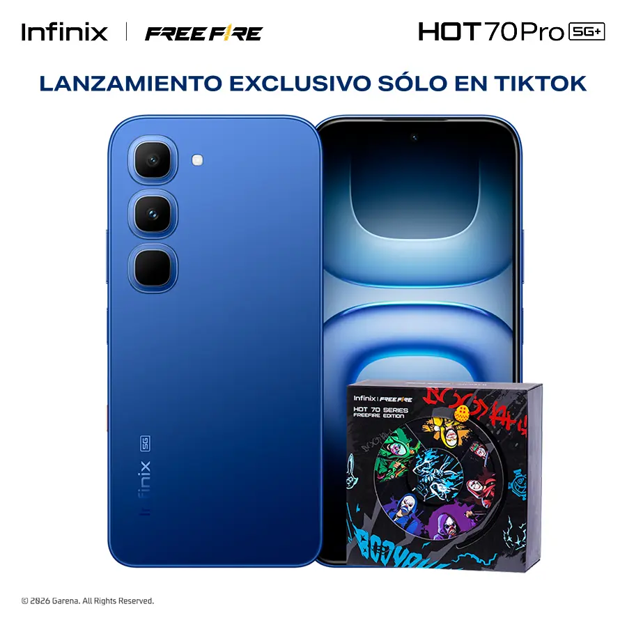 Infinix HOT 70 Pro 5G Edición Free Fire TikTok Exclusiva | 8GB+256GB | Incluye Caja de Regalo | MediaTek Dimensity 7100, AMOLED, 45W, NFC | Negro