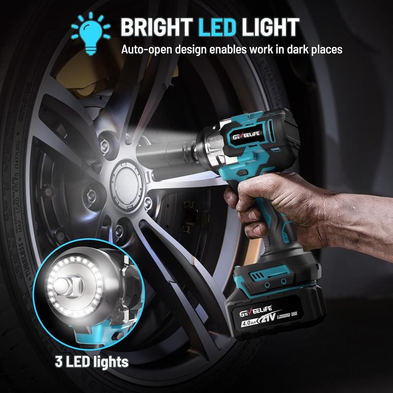 Llave de impacto sin escobillas GEVEELIFE 750Nm 3 en 1 de 1/2", inalámbrica, 3300 RPM, 2 baterías de 4.0 Ah, 6 vasos. Ideal para coches, bricolaje, muebles y cortacéspedes.
