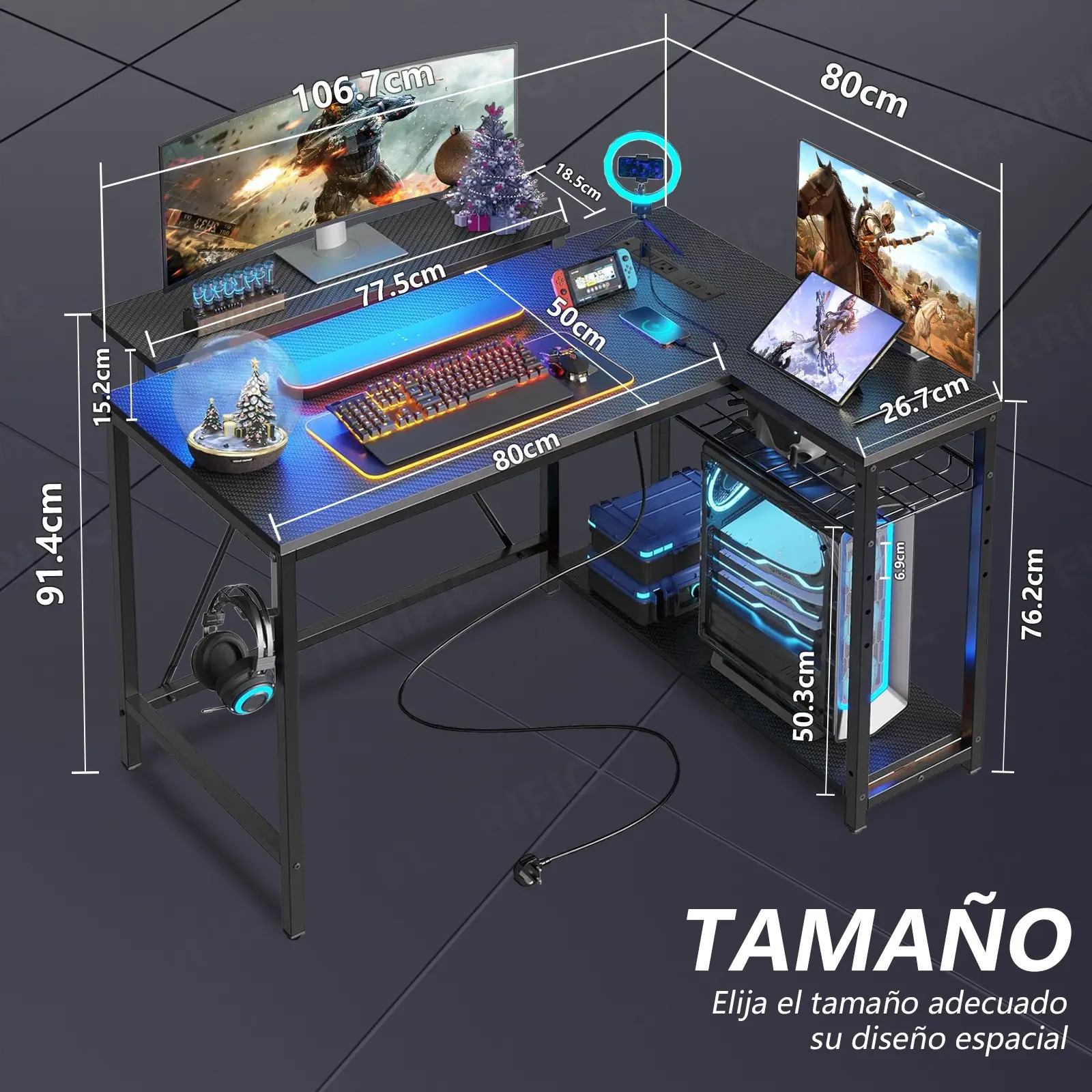 Furrific®escritorio Gamer En L Con Luz Led Y Regleta Enchufe