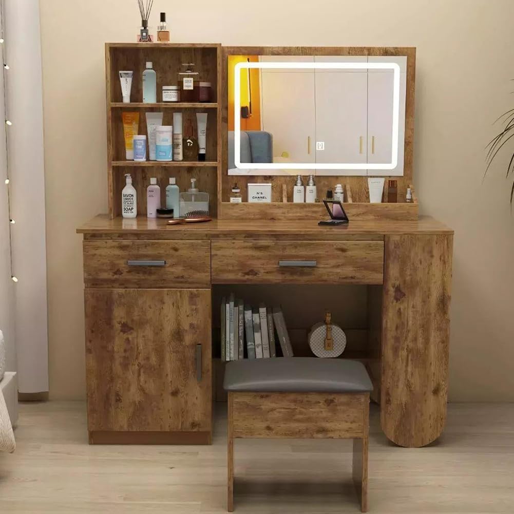 Tocador Vanity de Maquillaje con Espejo,Vanity Tocador con 2 Cajones,Estantes de Almacenamiento,Taburete Acolchado,Tocador con 3 Estantes, Mesa de Maquillaje para Dormitorio 40X100X132CM(Madera)