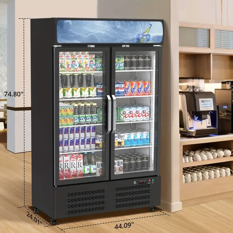 Refrigerador comercial para bebidas HUFY de 26.2 pies cúbicos con 2 puertas de vidrio, enfriador vertical para bebidas con iluminación LED, estantes ajustables y organizadores de bebidas, enfriamiento de 32 a 50