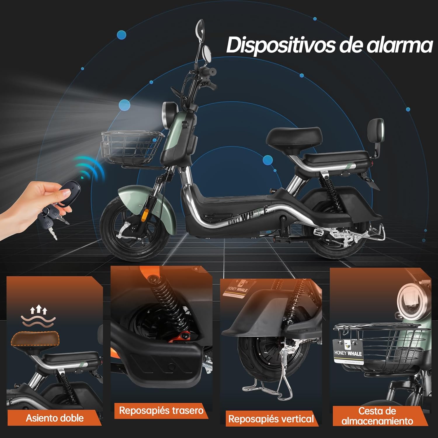 HONEYWHALE U3s Bicicleta Electrica para Adultos, Bicimoto Eléctrica con Alarma, Máxima del Motor 650W, Velocidad Máxima 31KM/H, Autonomía 55-60KM, Baterías de Gran Capacidad de 20AH, Dos Asientos