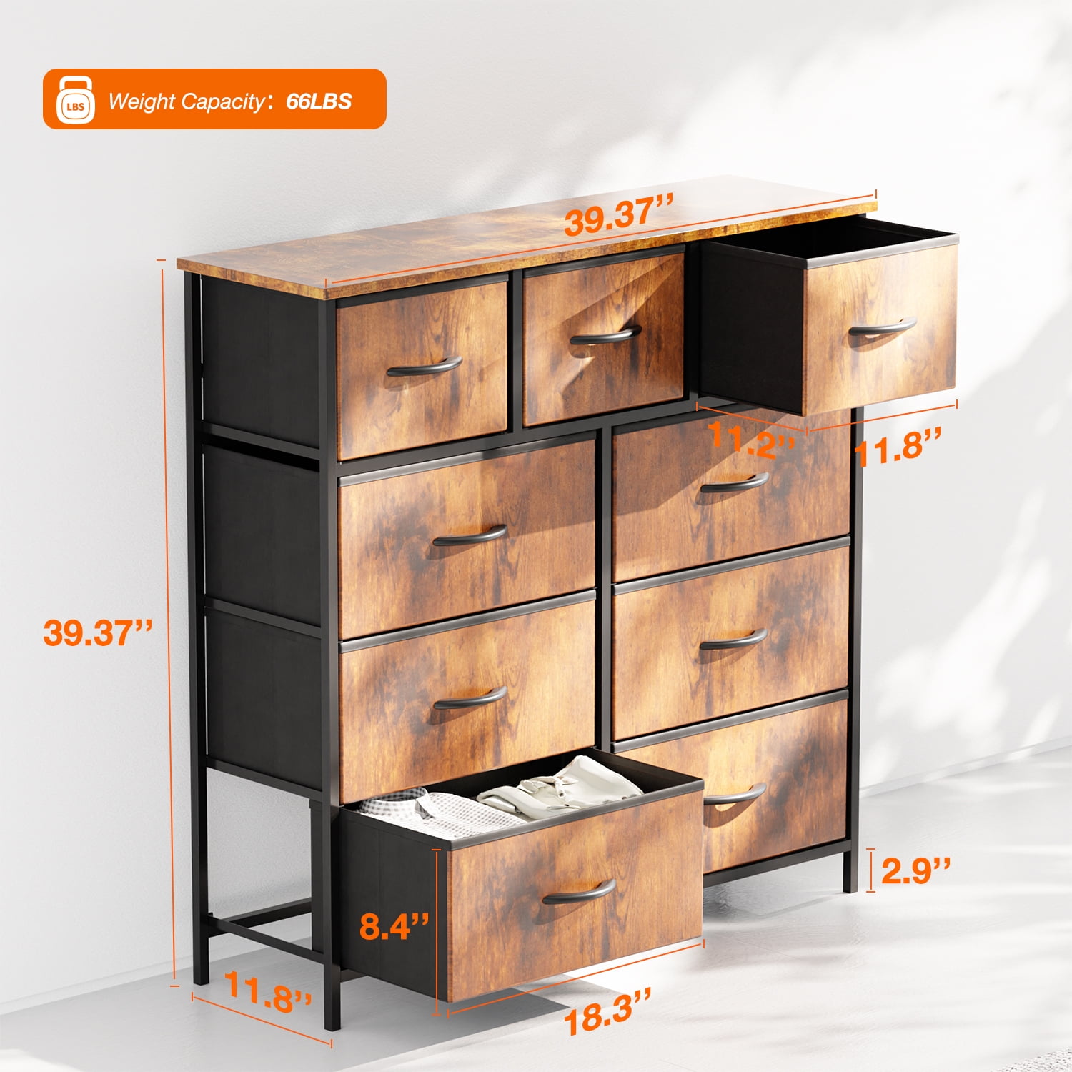 Yanming Cómoda de Tela con 9 cajones, Estructura de Acero y Tapa de Madera para Dormitorio, Armario, Entrada