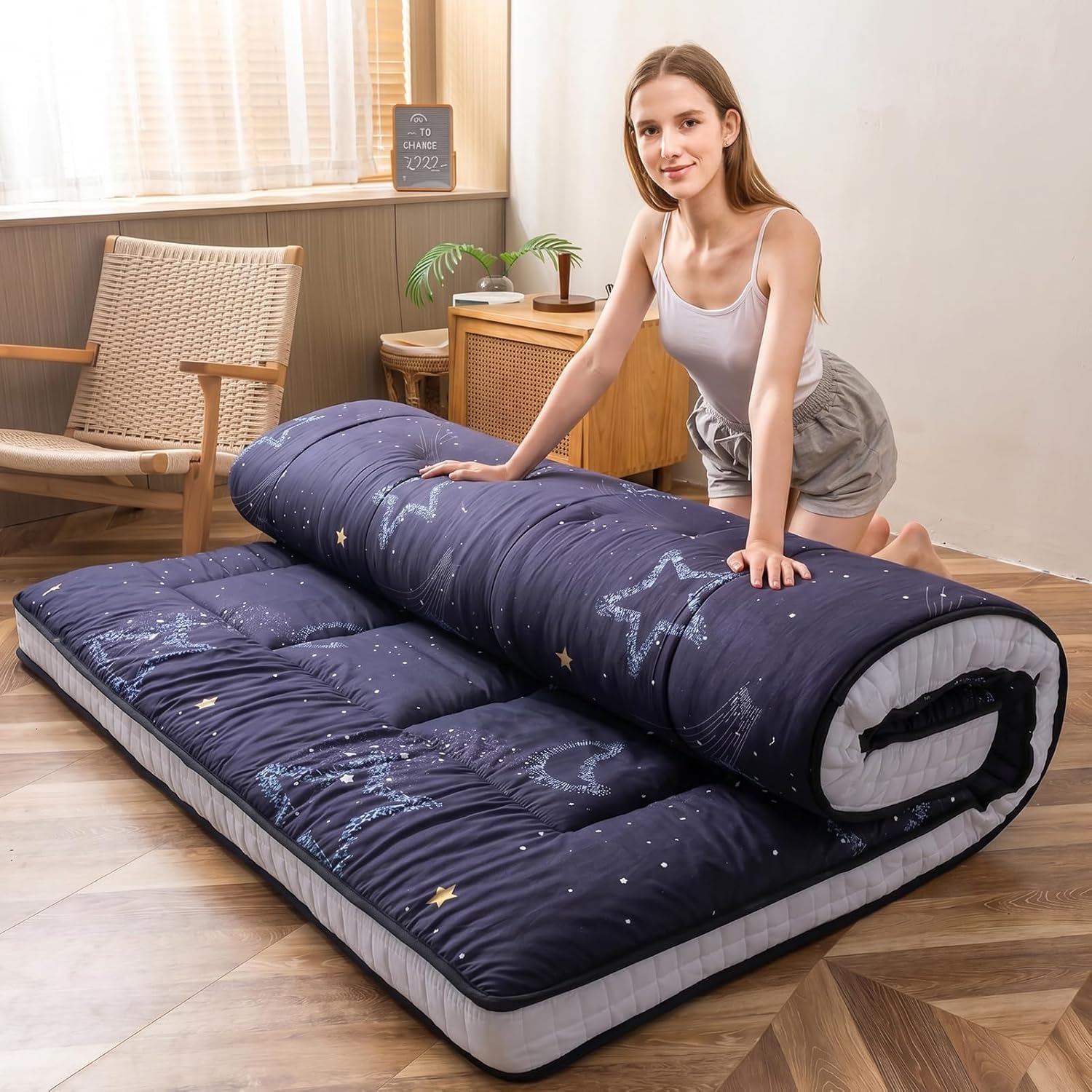 MAXYOYO - Puf plegable para sofá, cama, colchón de piso para adultos, extra grueso, 6 pliegues, sofá para recámara, sala de estar, beige, 135 x 240 cm