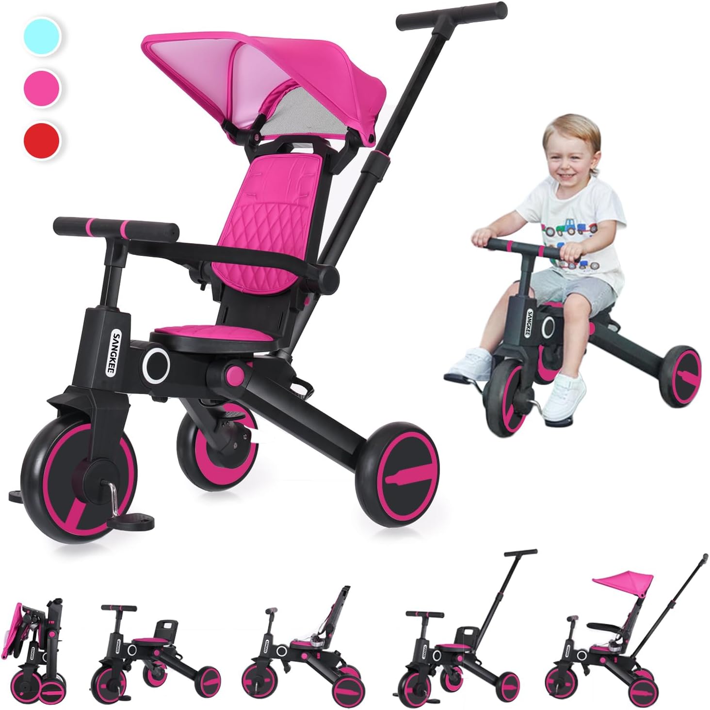 Triciclo de bebé 4 en 1, Bici polivalente, cochecito de dirección plegable, bicicleta de aprendizaje con barandilla desmontable, con toldo ajustable, arnés de seguridad, pedales plegable, freno, asa de empuje para padres, diseño de absorción de impactos,