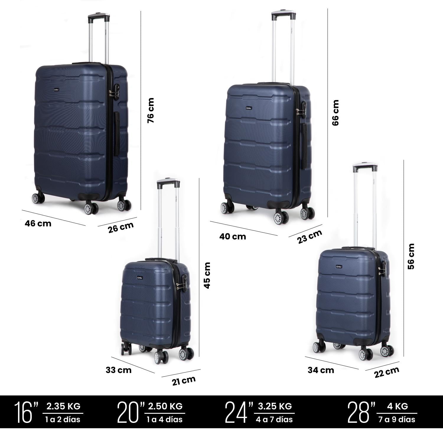 Juego 4 Maletas De Viaje Rigidas Ruedas 360 Bolsas De Viaje azul Rumbo RUM40